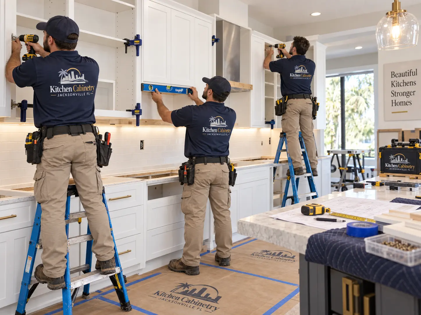 Upper kitchen cabinet installation with levels and ladders